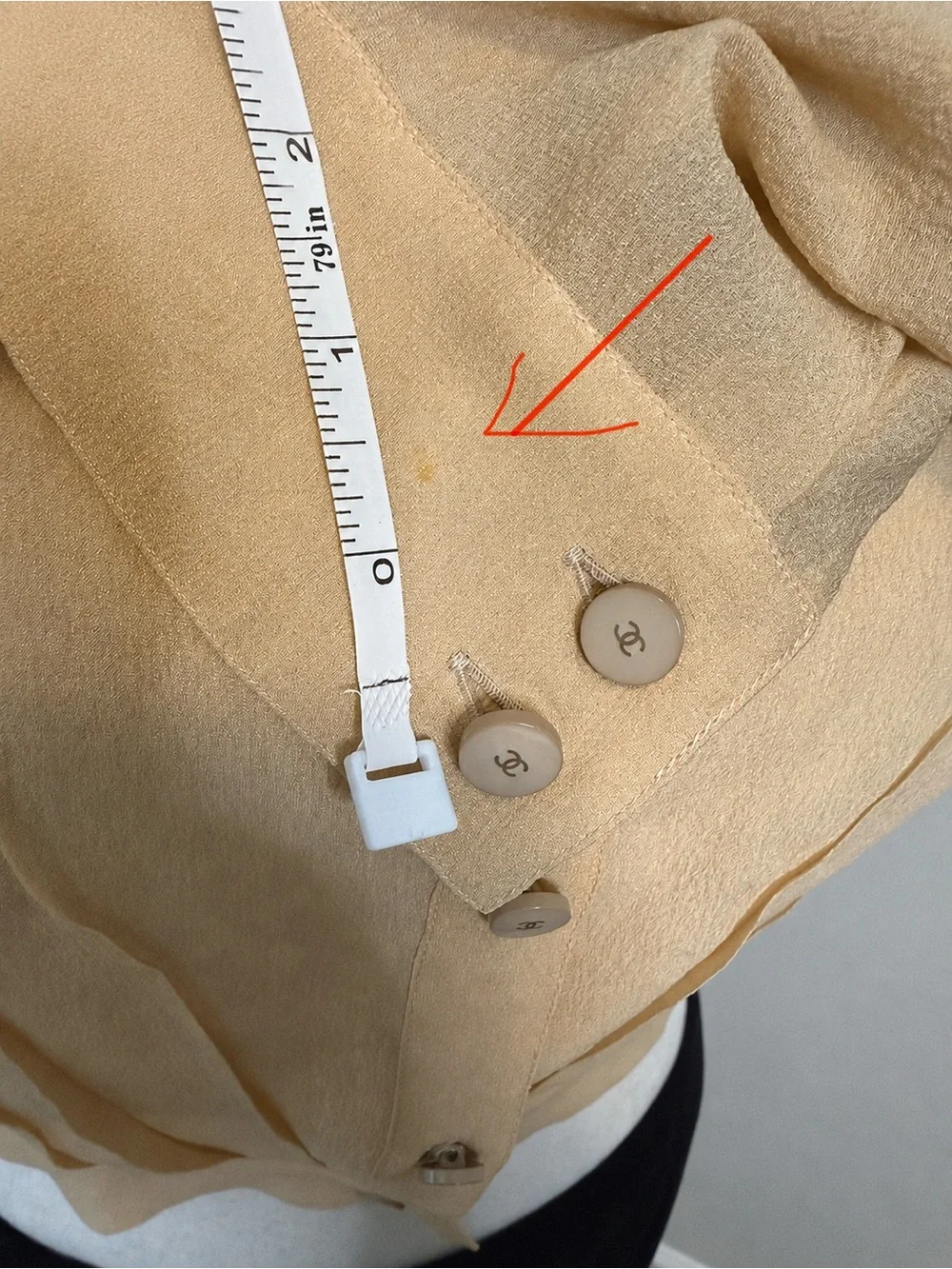 Classic CHANEL 2001A Nude Beige  Silk Sheer Cropped Shirt CC Logo Buttons FR 40